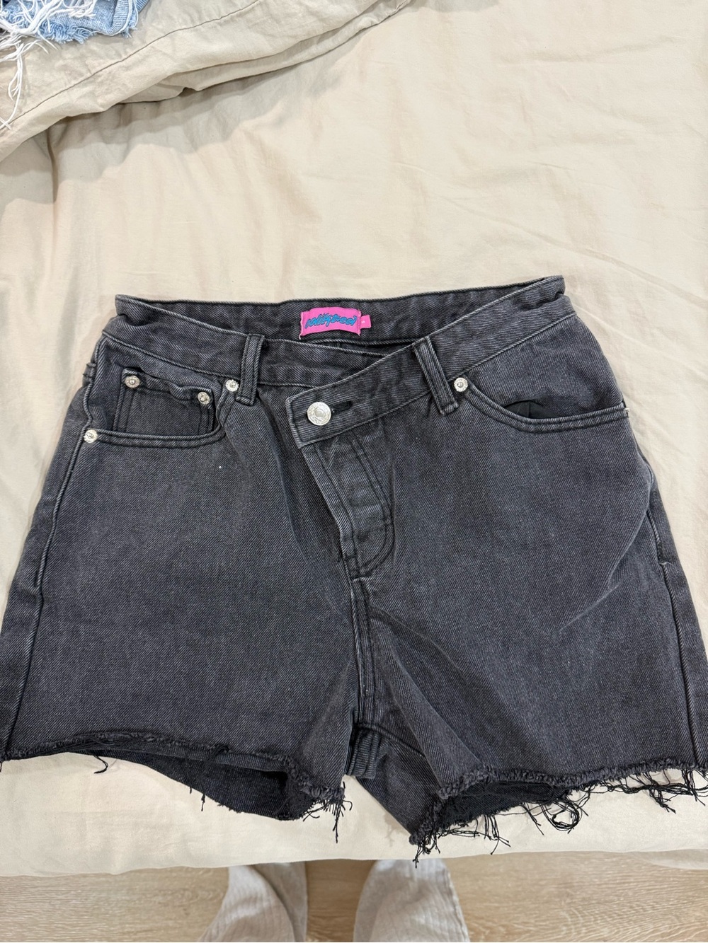 Edikted Washed Black High-Rise Denim Cutoff Shorts